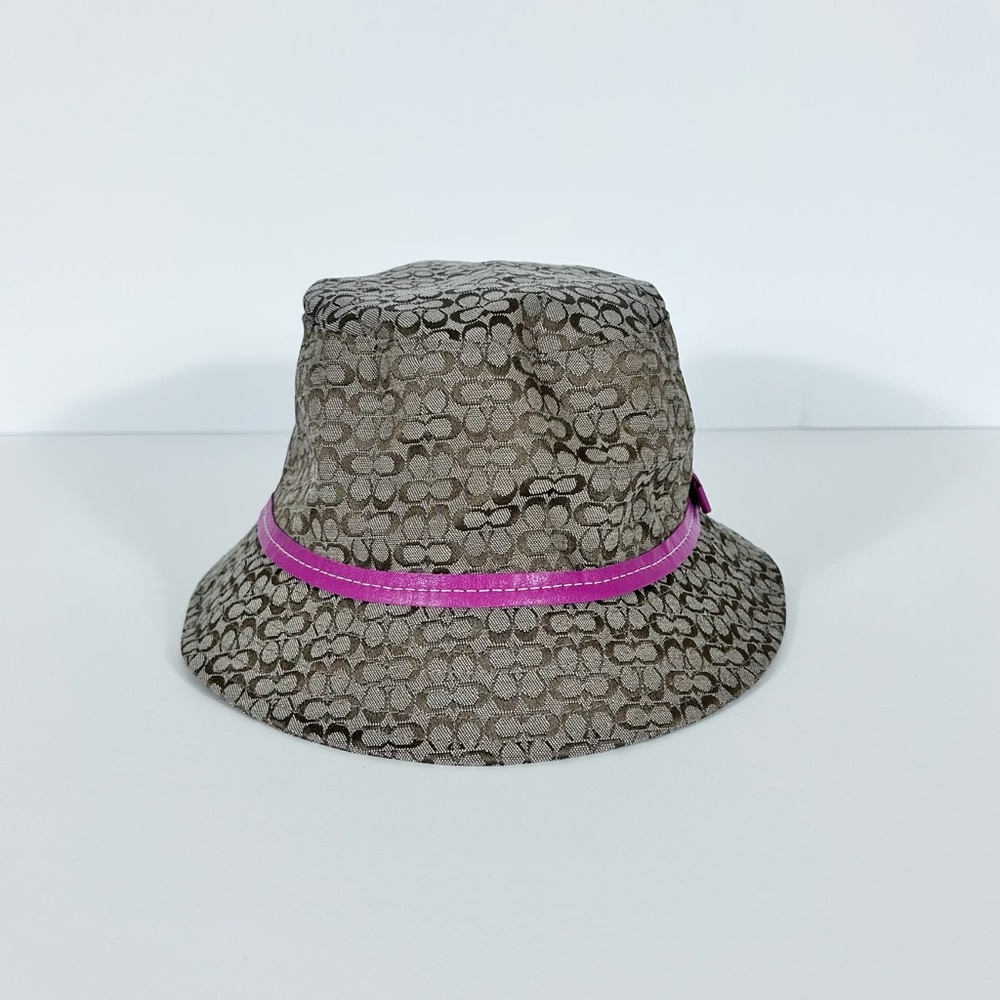 Coach Signature Monogram Kids Size L/XL Brown Pink Leather Trim Bucket Hat